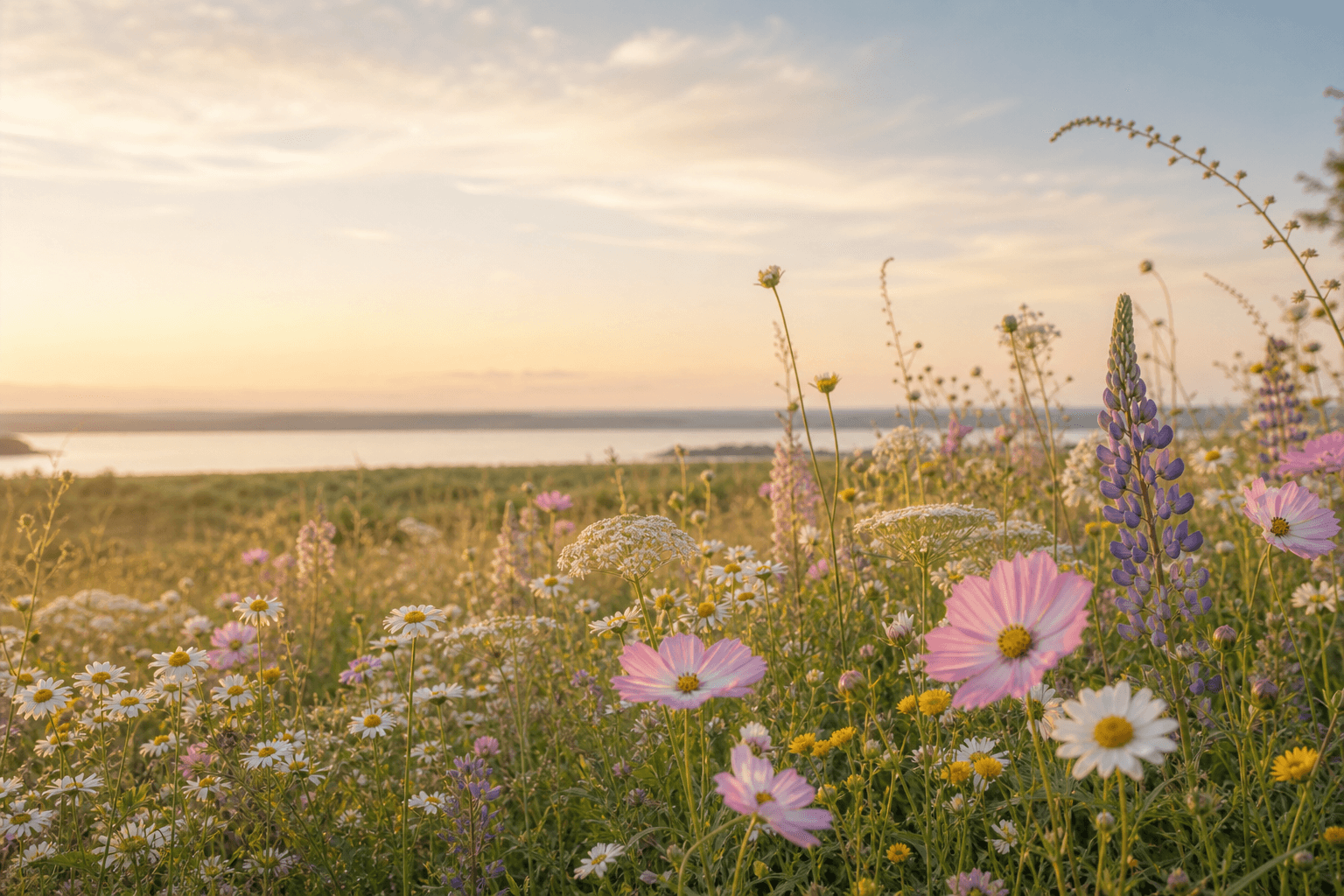 Wildflowers overlooking the river at sunset